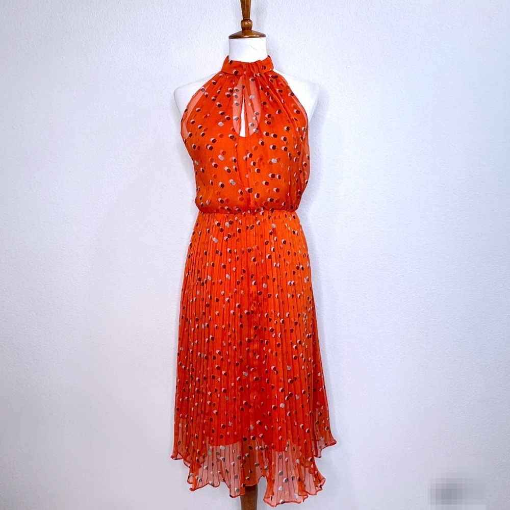 KAREN MILLEN Dot Print Pleated Dress 4 Orange‎ Georgette Wedding Guest Party